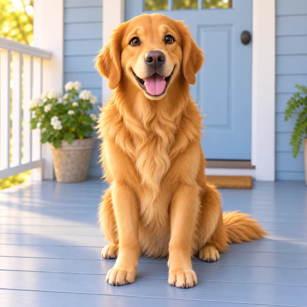 Golden retriever sul portico: foto trasformata in stile Cartone 3D