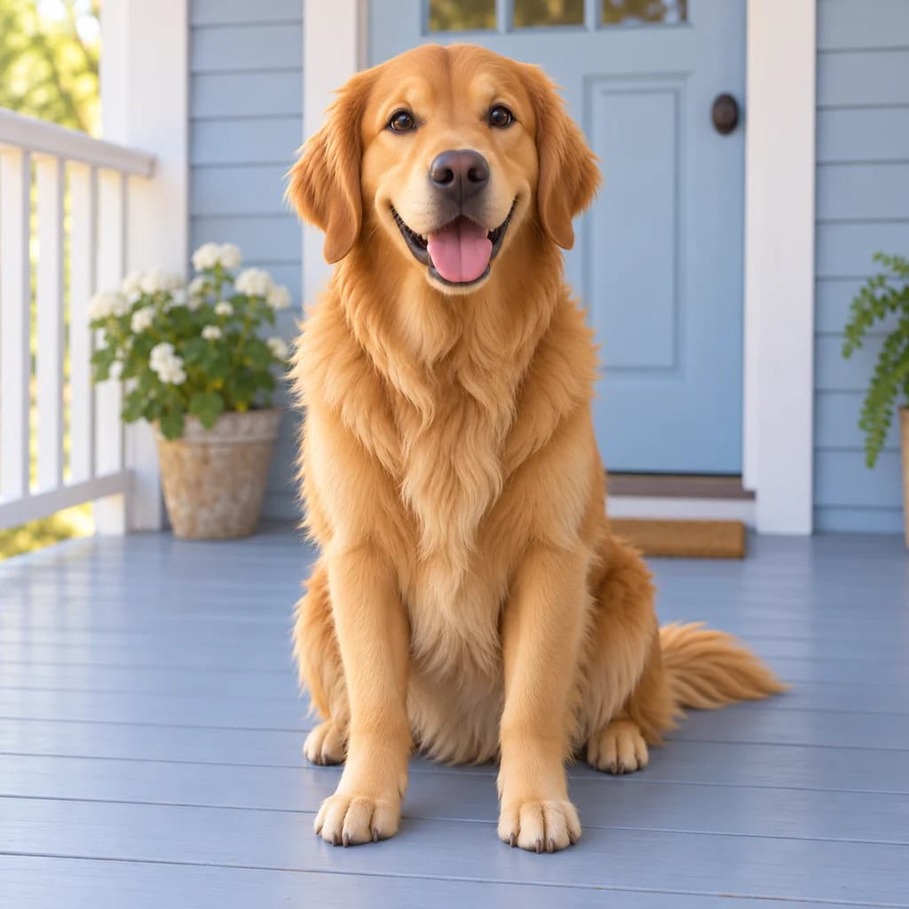 Golden retriever di teras: foto diubah ke gaya Model 3D