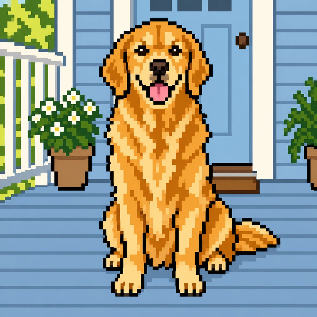 Golden retriever sul portico: foto trasformata in stile 8 bit