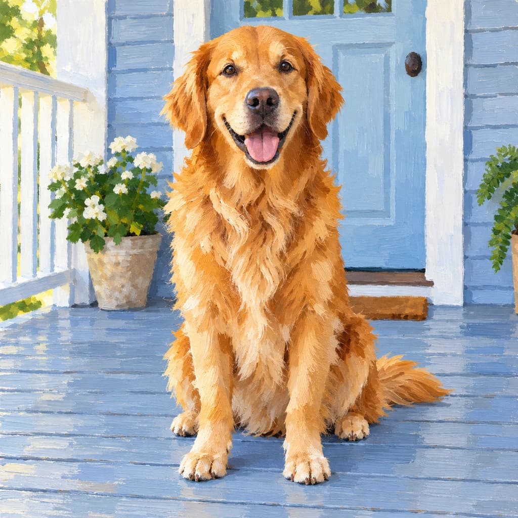 Golden retriever di teras: foto diubah ke gaya Akrilik