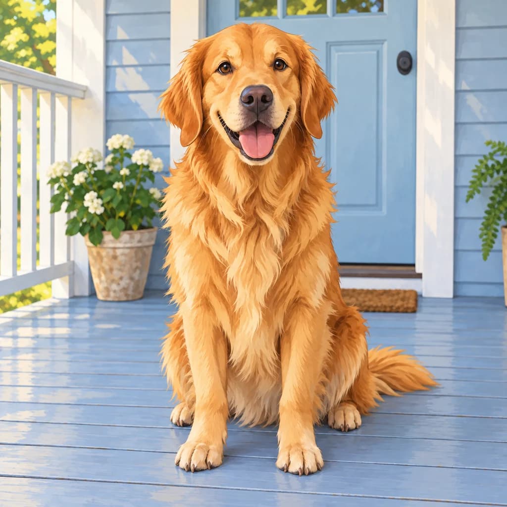 Golden retriever na varanda: foto transformada no estilo Anime