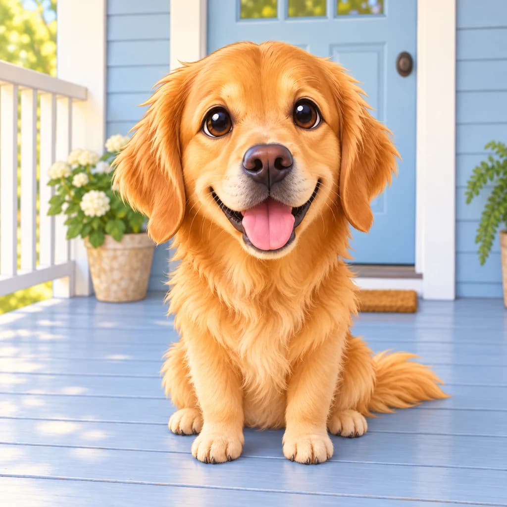 Golden retriever on the porch: photo turned into Chibi style