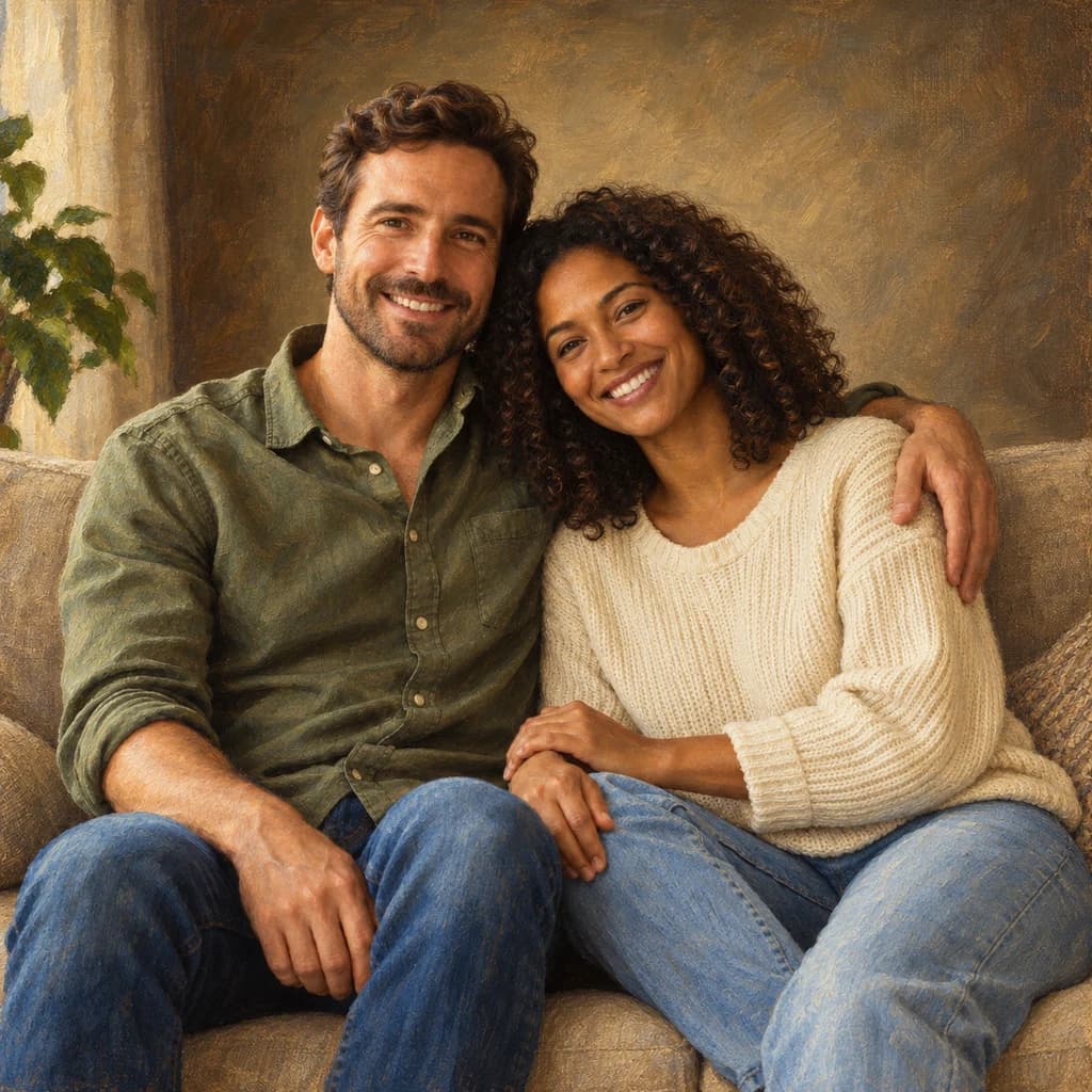 Casal no sofá: foto transformada no estilo Retrato clássico