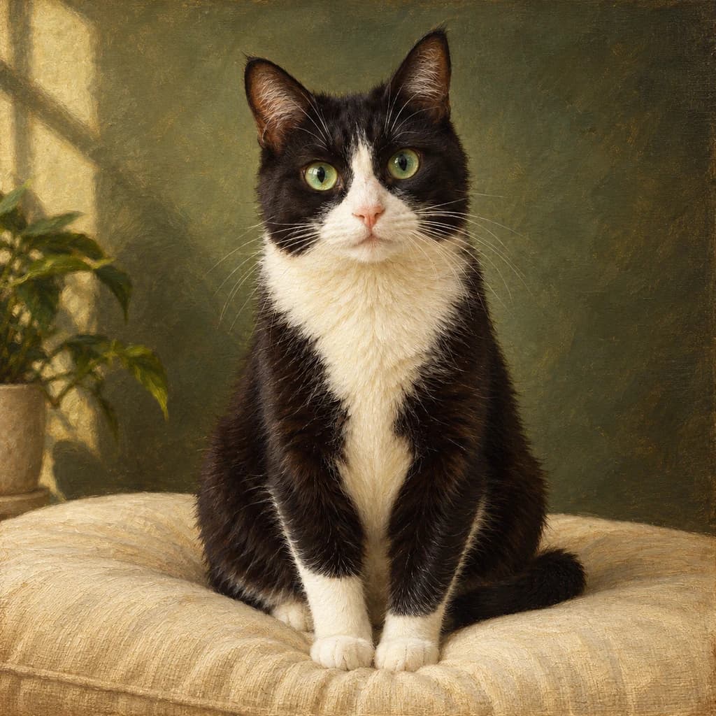 Gato preto e branco de olhos verdes: foto transformada no estilo Retrato clássico