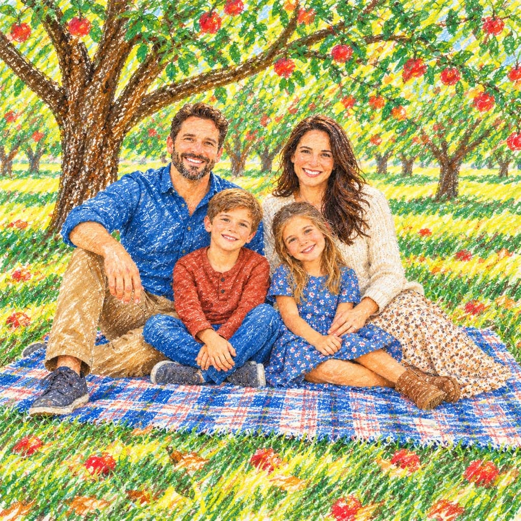Piquenique em família: foto transformada no estilo Desenho com giz de cera
