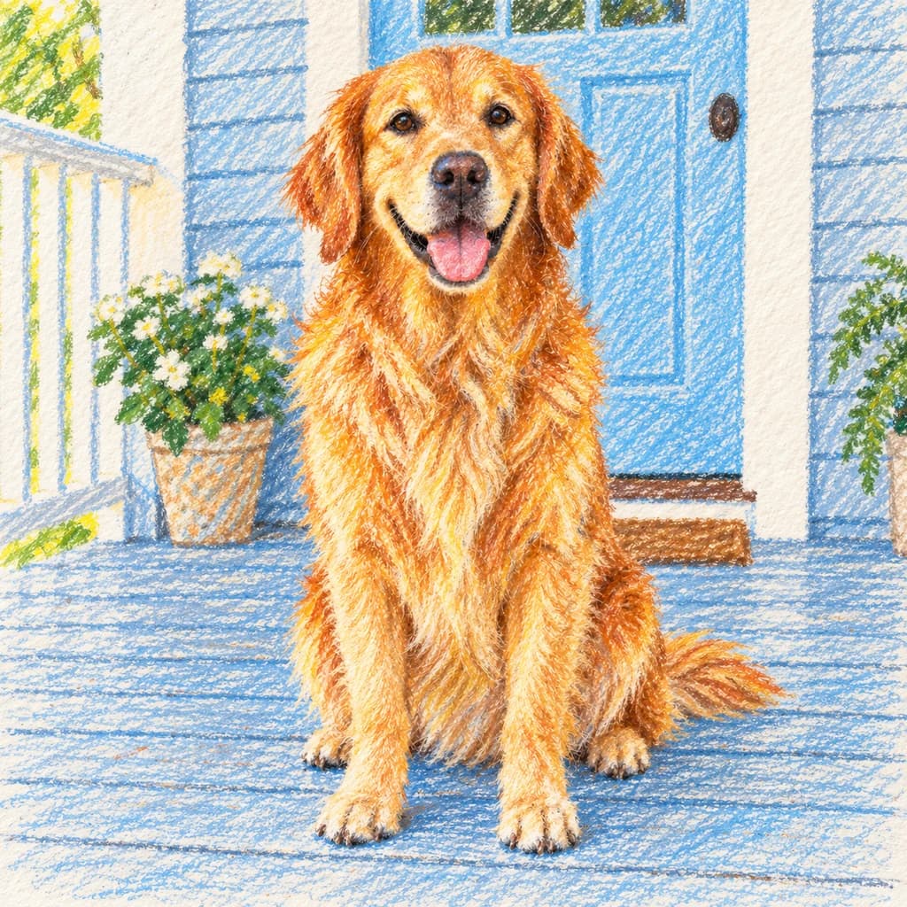 Golden retriever na varanda: foto transformada no estilo Desenho com giz de cera