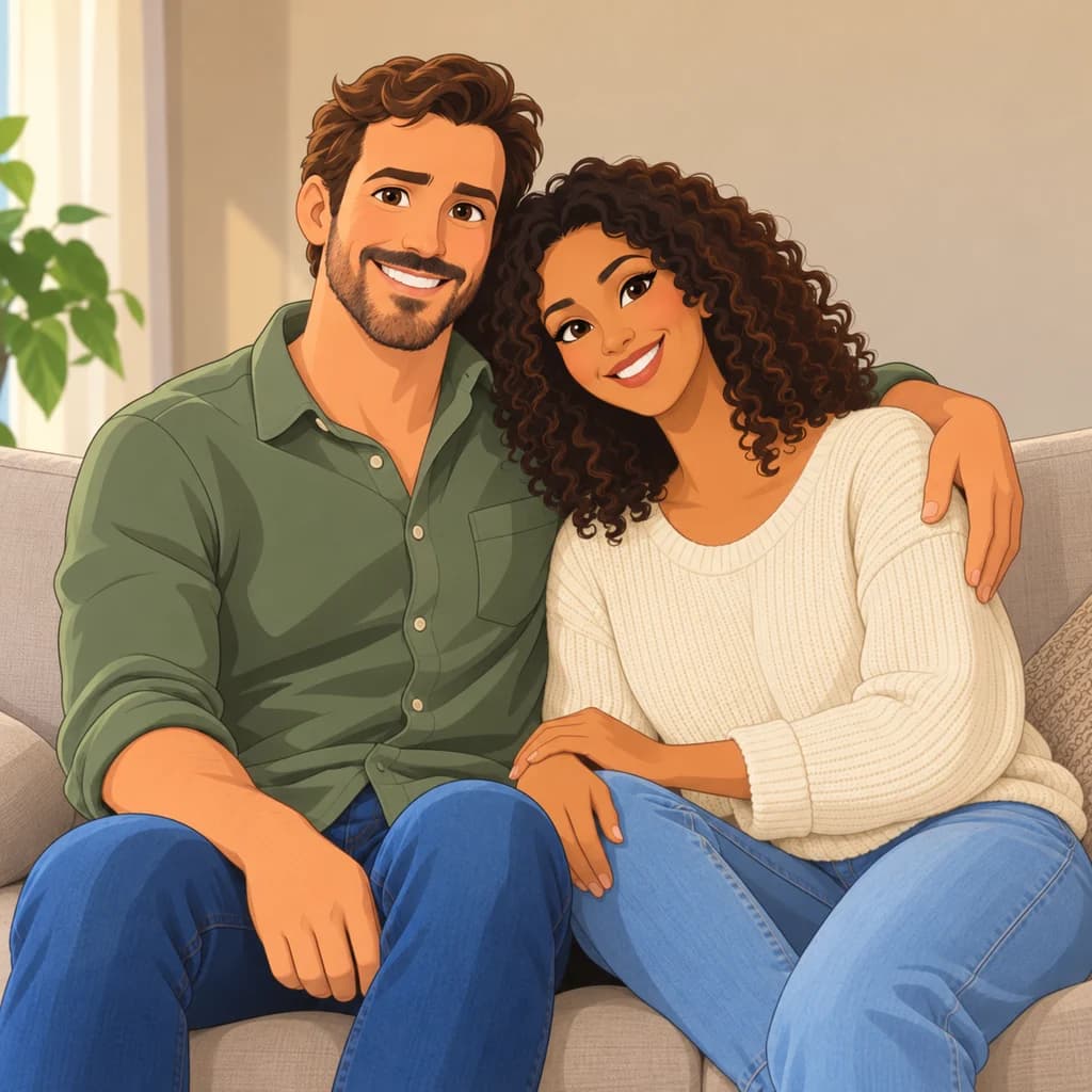 Casal no sofá: foto transformada no estilo Personagem Disney