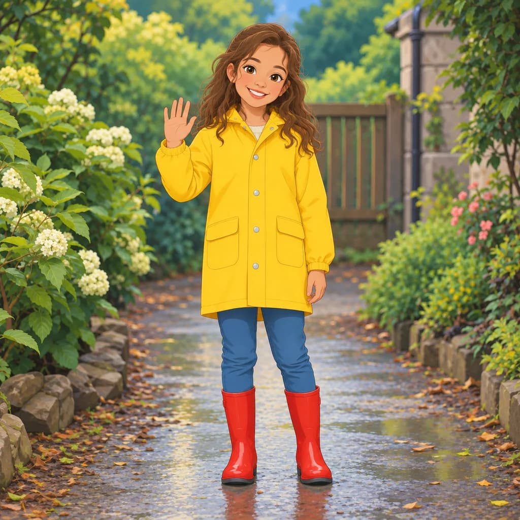 Criança com capa de chuva amarela: foto transformada no estilo Personagem Disney