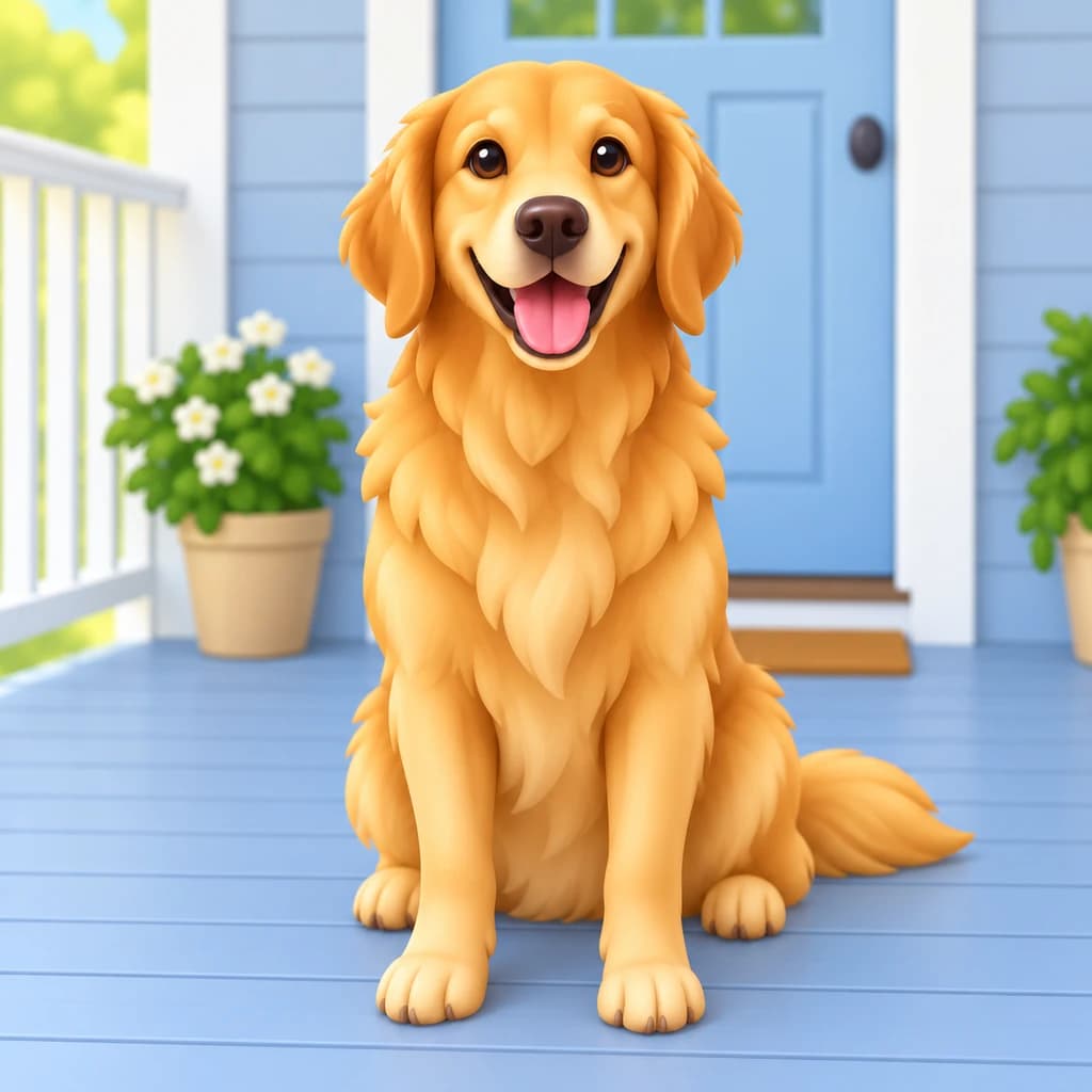 Golden retriever sul portico: foto trasformata in stile Emoji