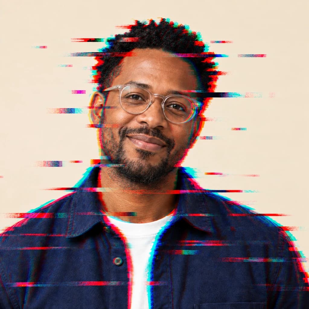 Retrato com óculos redondos: foto transformada no estilo Glitch art