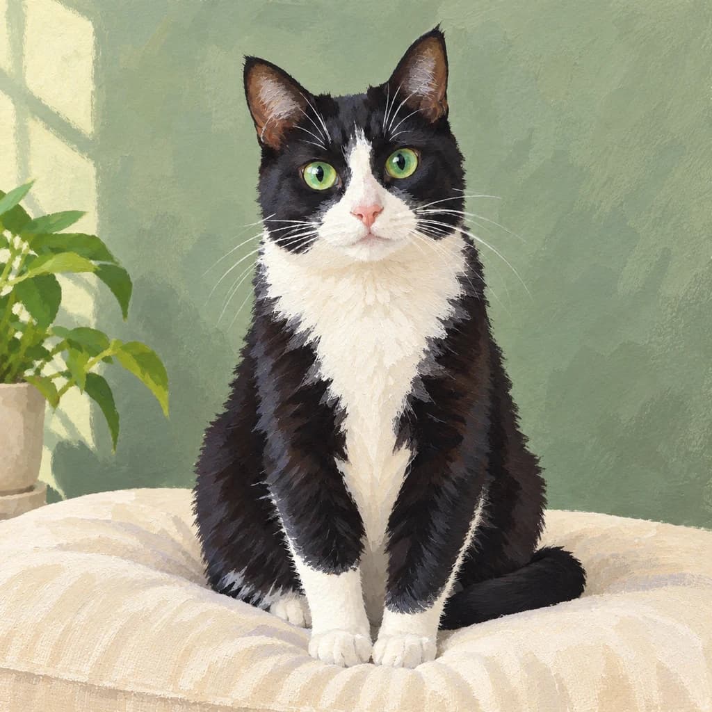 Gatto bianco e nero con occhi verdi: foto trasformata in stile Guazzo
