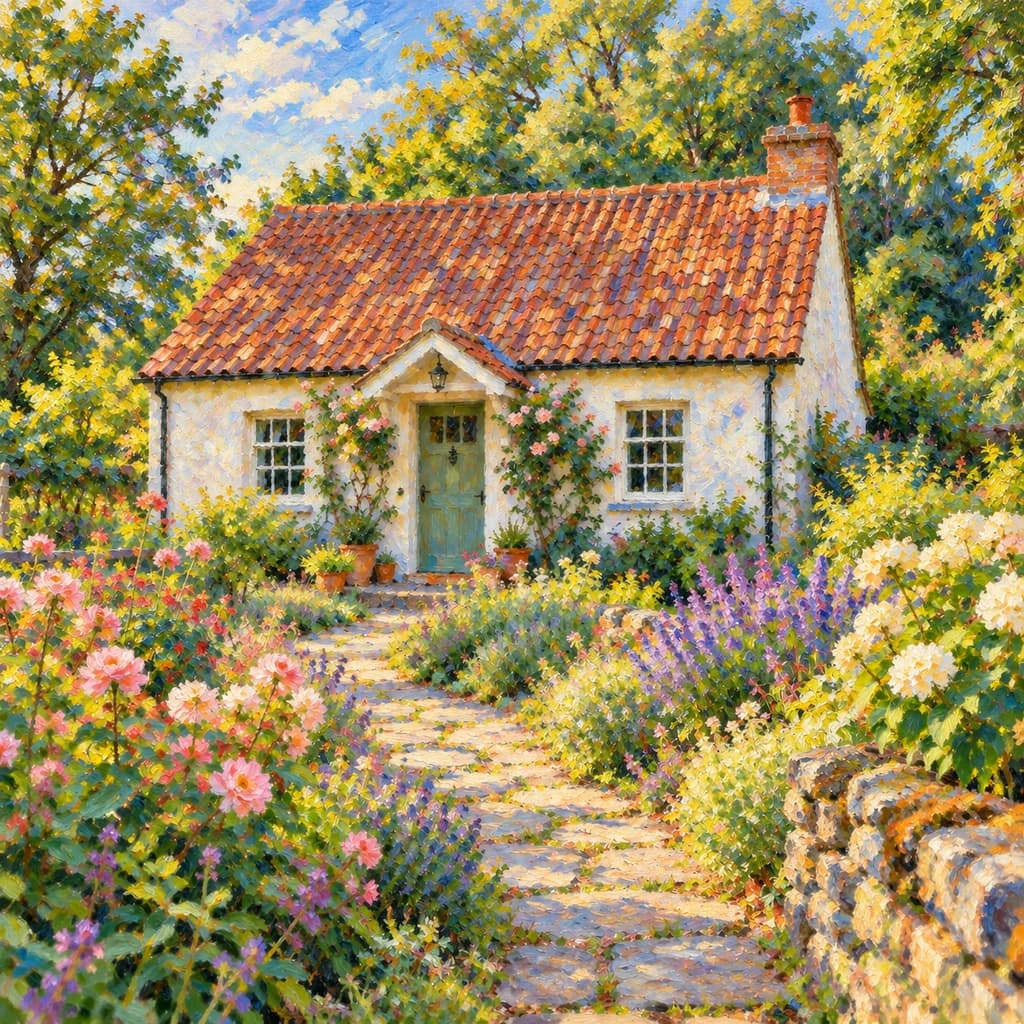 Casetta e giardino fiorito: foto trasformata in stile Impressionismo