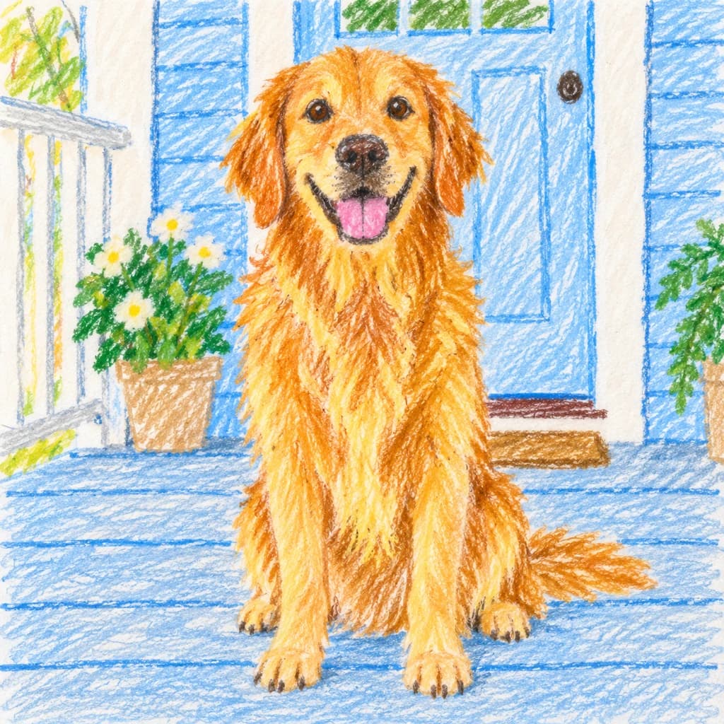 Golden retriever na varanda: foto transformada no estilo Desenho infantil
