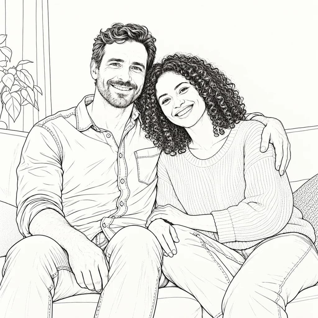 Coppia sul divano: foto trasformata in stile Disegno a linee