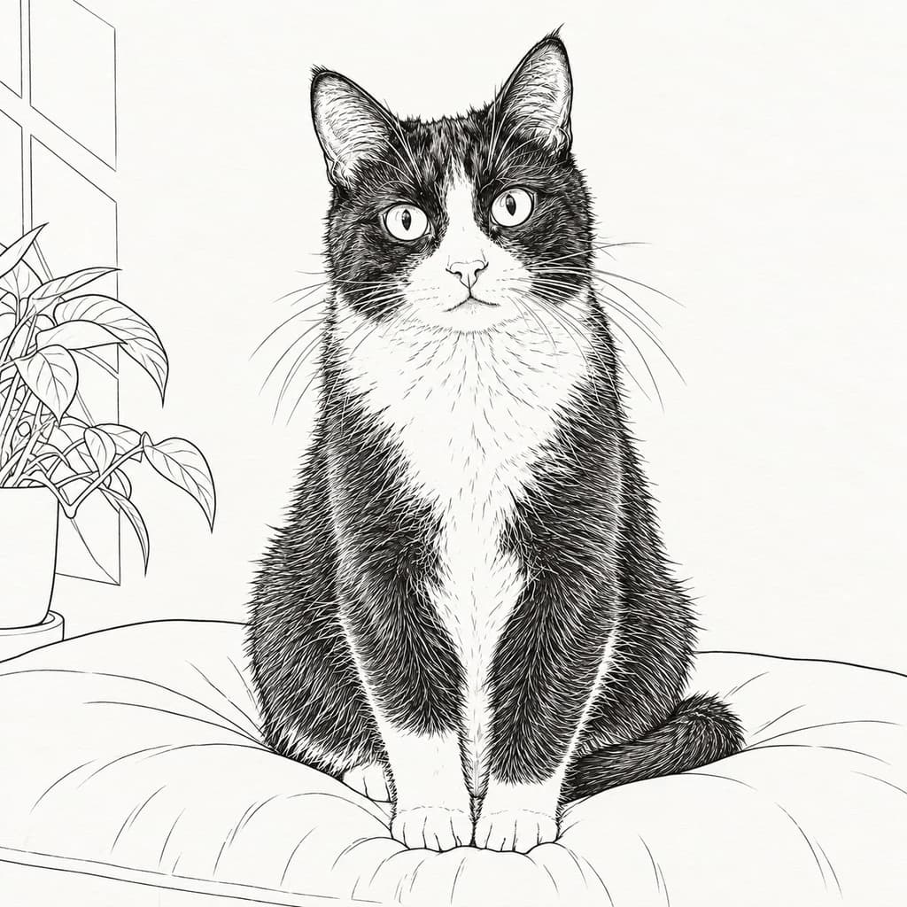 Gatto bianco e nero con occhi verdi: foto trasformata in stile Disegno a linee