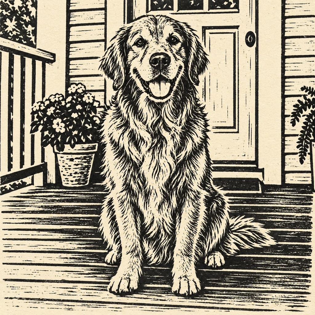 Golden retriever on the porch: photo turned into Linocut style