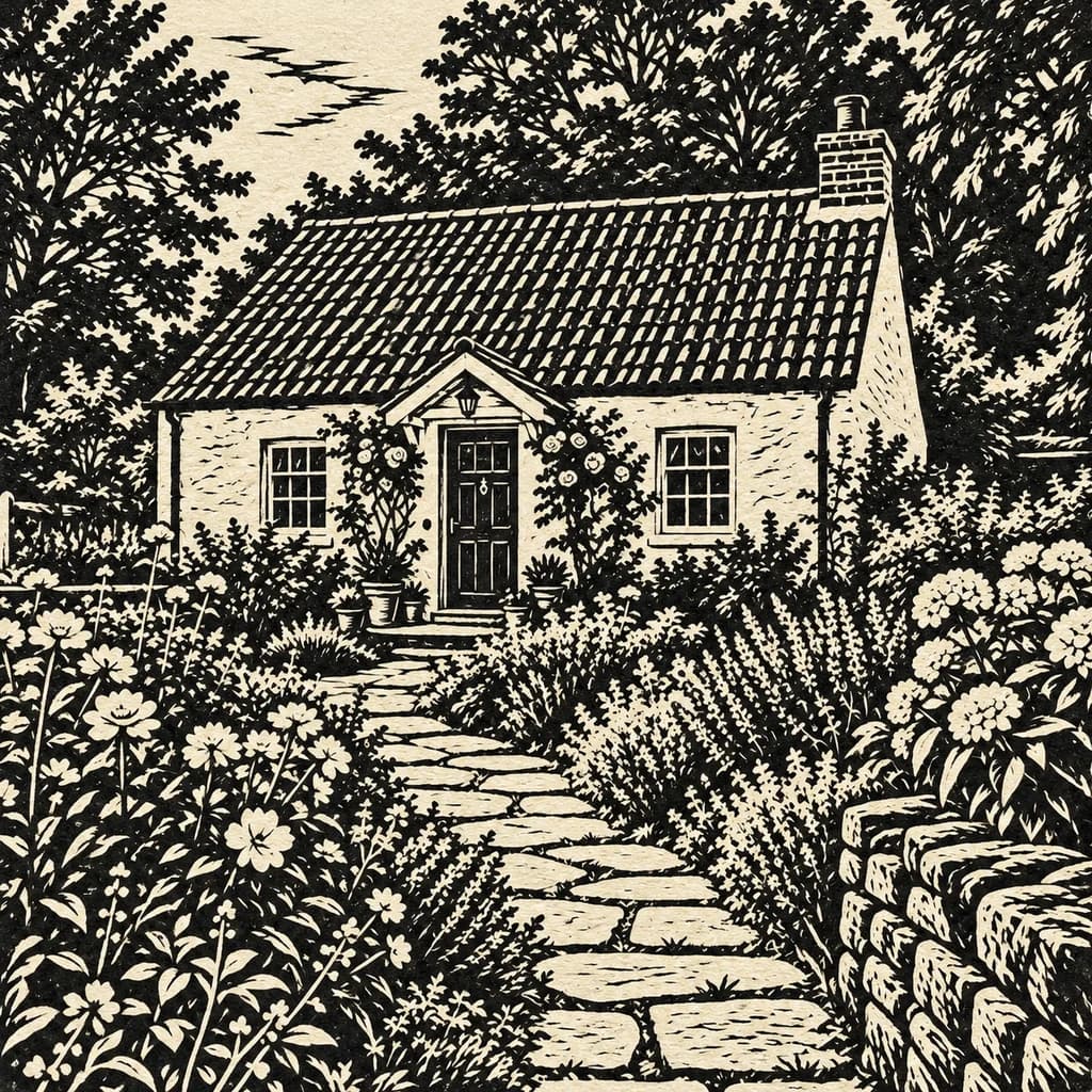 Cottage and flower garden: photo turned into Linocut style