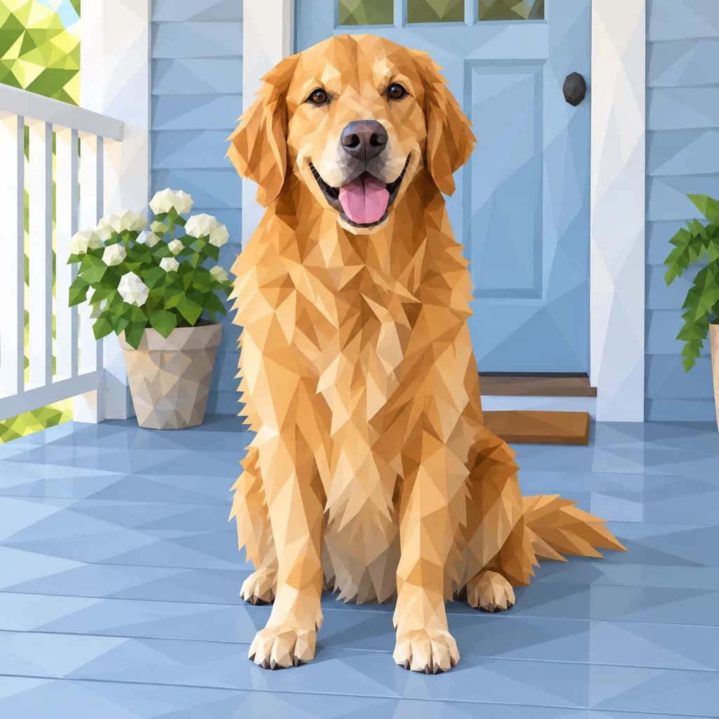 Golden retriever on the porch: photo turned into Low Poly style