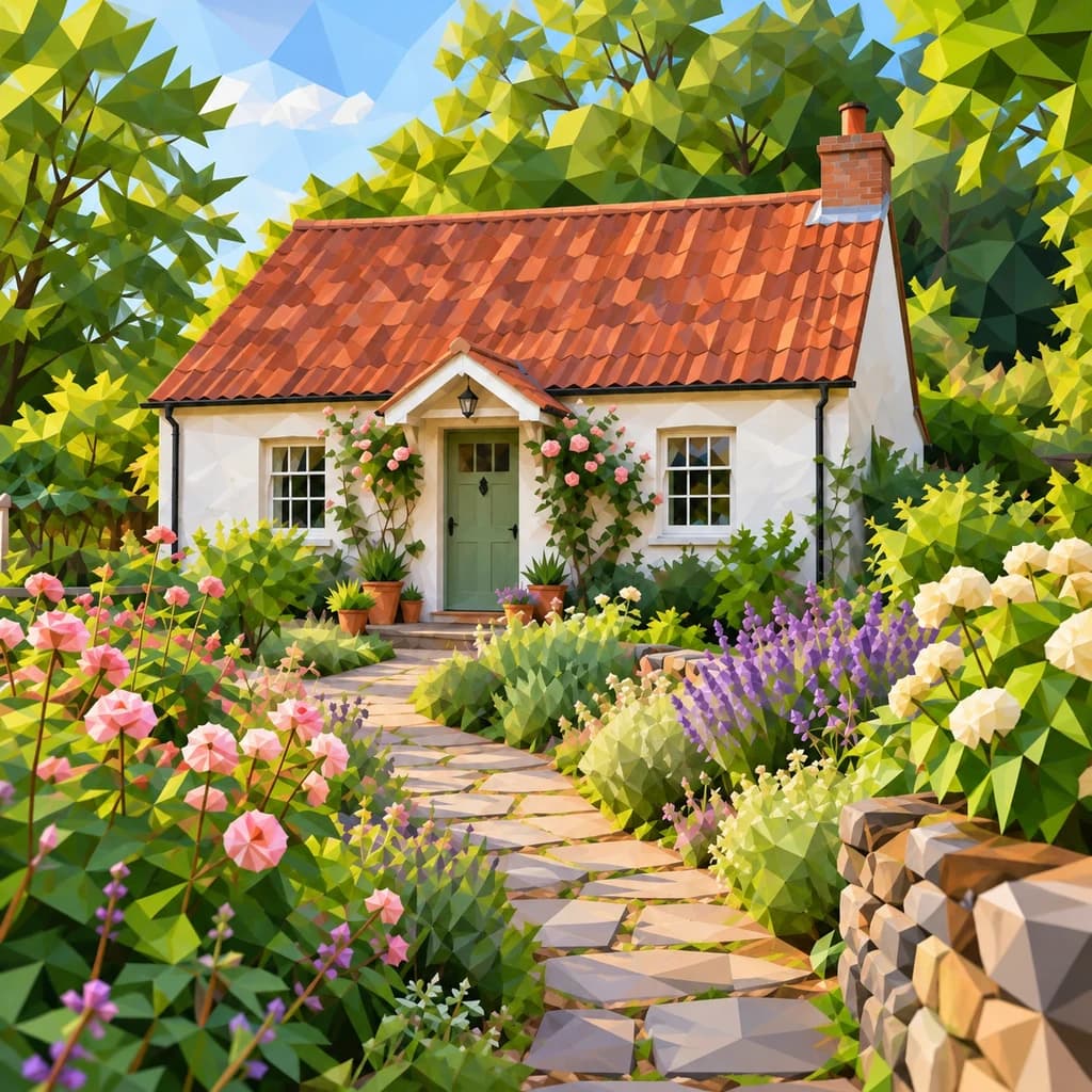 Cottage and flower garden: photo turned into Low Poly style