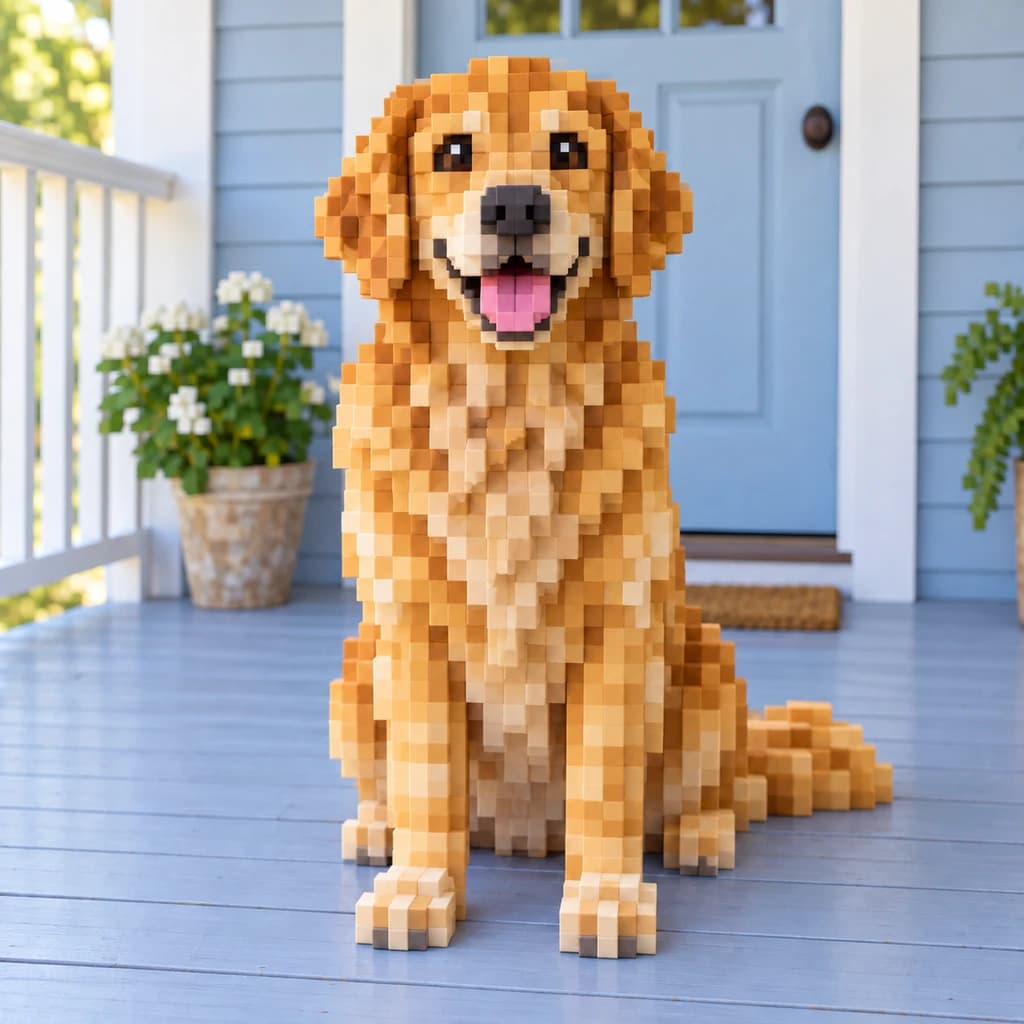 Verandada golden retriever: Minecraft stiline dönüştürülen fotoğraf