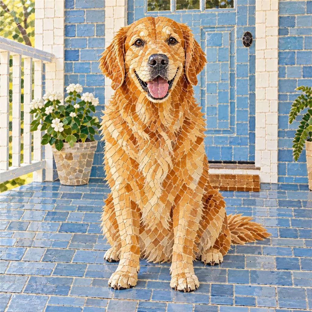 Golden retriever on the porch: photo turned into Mosaic style