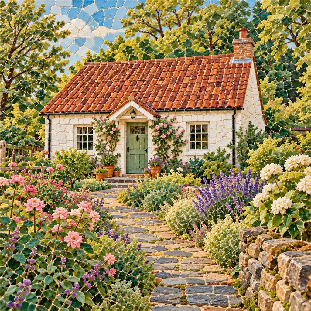 Cottage and flower garden: photo turned into Mosaic style