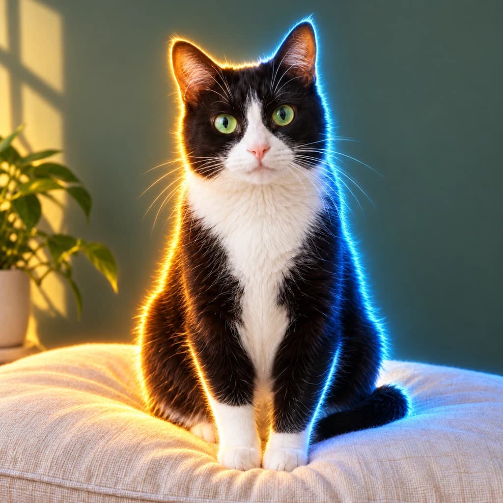 Yeşil gözlü siyah beyaz kedi: Neon parıltı stiline dönüştürülen fotoğraf