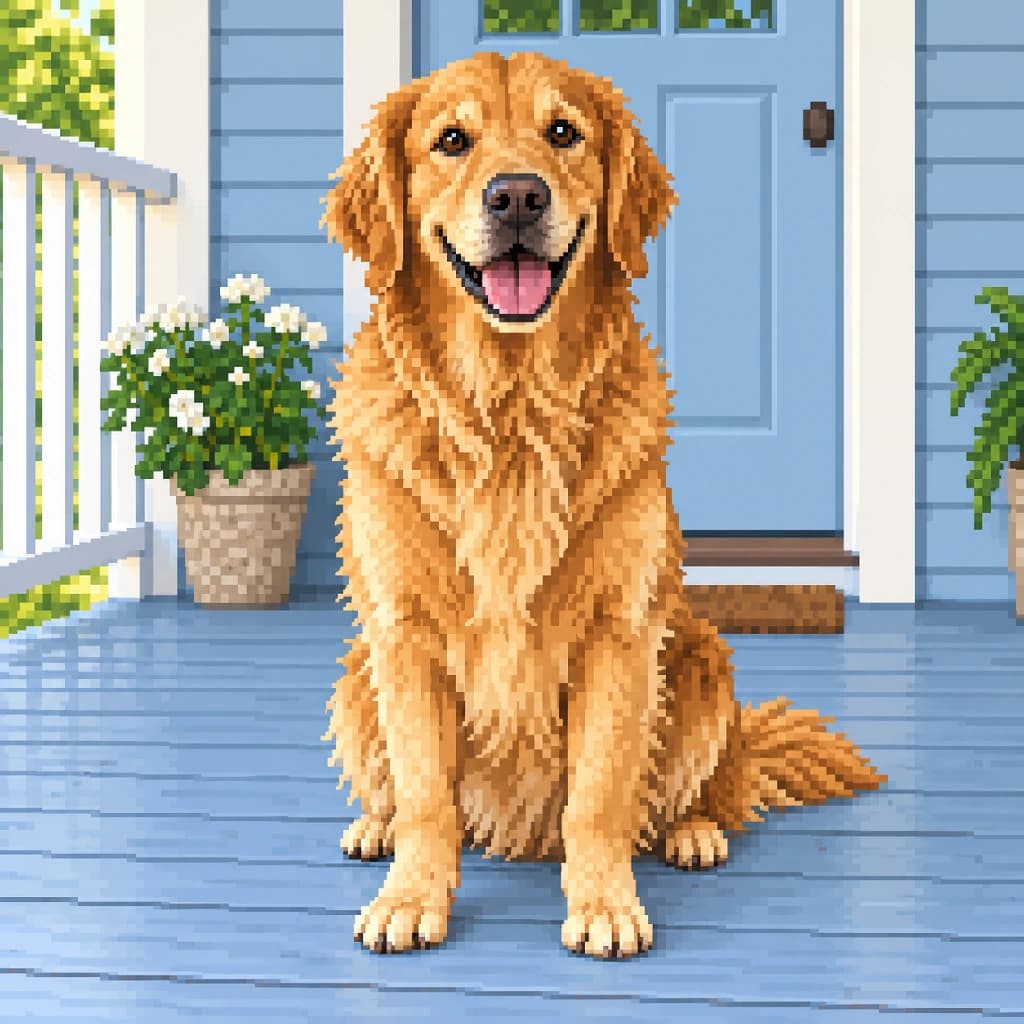 Verandada golden retriever: Piksel sanatı stiline dönüştürülen fotoğraf