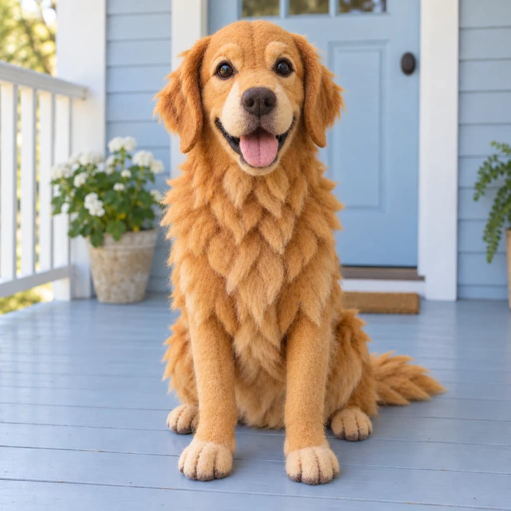 Golden retriever di teras: foto diubah ke gaya Boneka Tangan