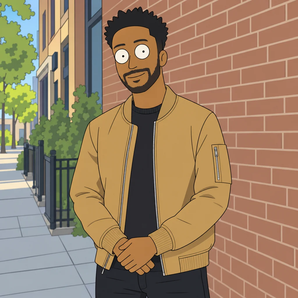Portret w jasnobrązowej kurtce: zdjęcie przekształcone w styl Rick i Morty