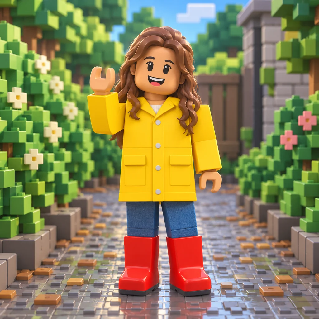Anak dengan jas hujan kuning: foto diubah ke gaya Roblox