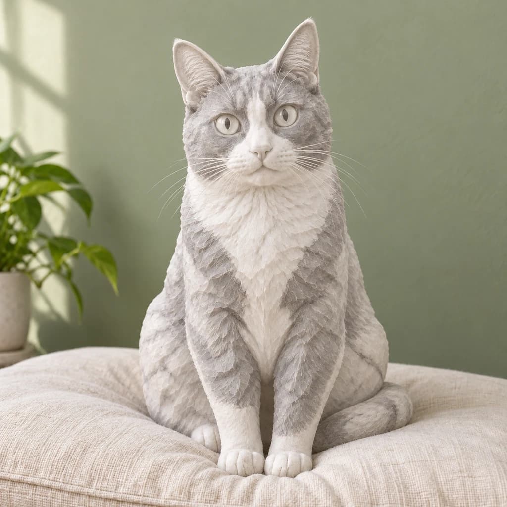 Gatto bianco e nero con occhi verdi: foto trasformata in stile Scultura in marmo