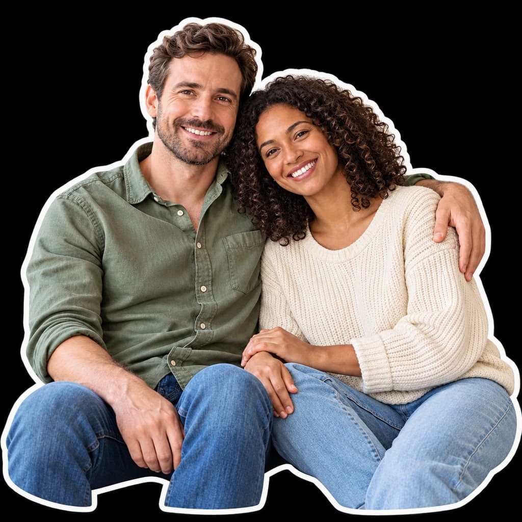 Casal no sofá: foto transformada no estilo Adesivo
