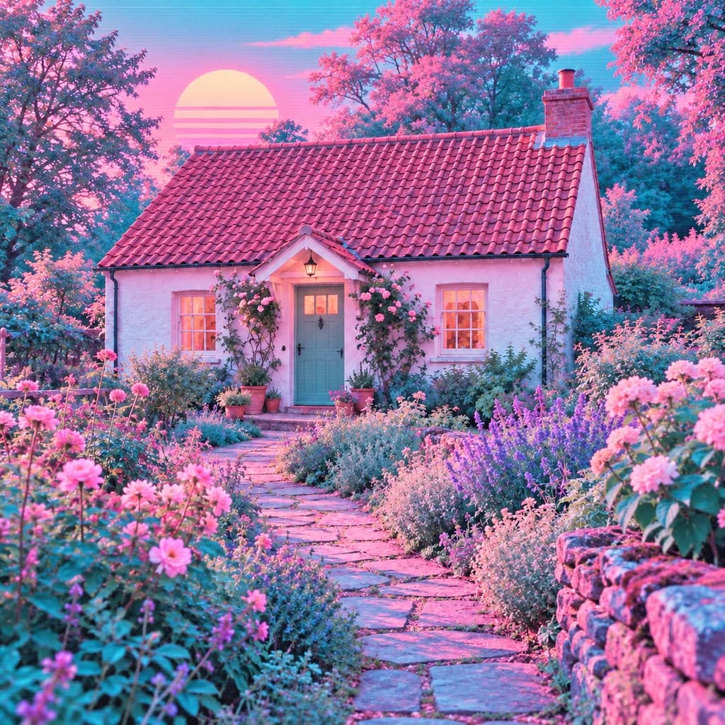 Casetta e giardino fiorito: foto trasformata in stile Vaporwave