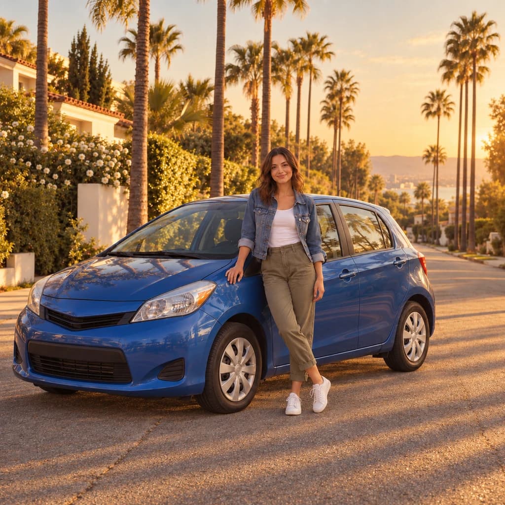 Retrato ao lado de um carro azul: foto transformada no estilo Foto vintage