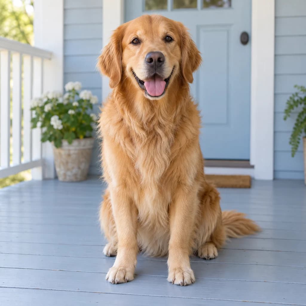 Golden retriever di teras · Asli
